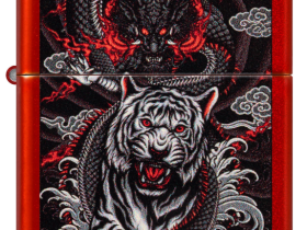 Зажигалка ZIPPO Dragon Tiger Design с покрытием Metallic Red, латунь/сталь, красная, 38x13x57 мм