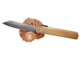 Складной нож Nagao Higonokami Damascus hand forging, 100мм, сталь Aogami, рукоять латунь