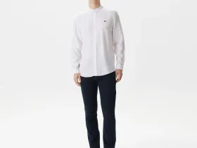 Мужская рубашка Lacoste без ворота в полоску из смеси льна
