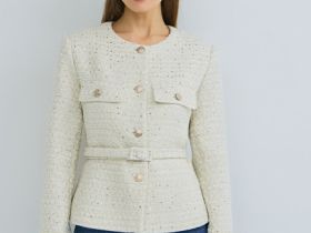 Твидовый однобортный жакет с поясом, Бежевый