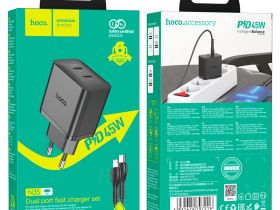 Сетевое зарядное устройство Hoco (N35) Streamer 2хType-C PD 45W + кабель Type-C/Lightning 1m (черный)