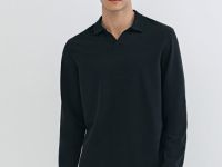 Поло из мягкой ткани с длинным рукавом, Черный