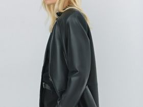 Однобортный жакет из искусственной кожи, Черный