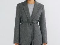 Однобортный жакет с тонким поясом, Серый