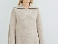 Джемпер с воротником-стойкой на молнии, Бежевый