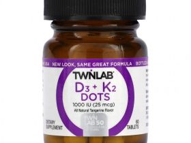 Twinlab, D3 Dots + K2, полностью натуральный мандарин, 1000 МЕ (25 мкг), 60 таблеток