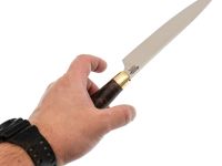 Нож кухонный Шеф-1, сталь Х12МФ латунь, карельская береза