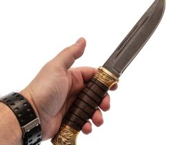 Туристический нож Витязь-2, сталь дамаск, художественная резьба, рукоять венге