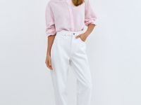 Рубашка из смесового льна в полоску, Розовый