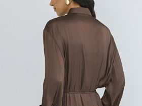 Блузка из сатина с поясом, Коричневый