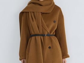 Длинное двубортное пальто с шарфом, Желтый