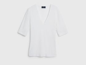 Футболка в рубчик с V-образной горловиной, Белый