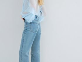Прямые джинсы с высокой посадкой, Голубой