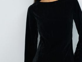 Платье мини из жатого бархата, Черный