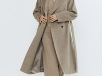 Длинное двубортное пальто с поясом, Бежевый