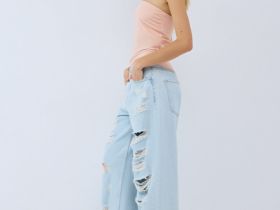 Широкие джинсы с рваным дизайном, Голубой