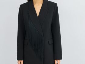 Двубортный жакет с отделкой из бахромы, Черный