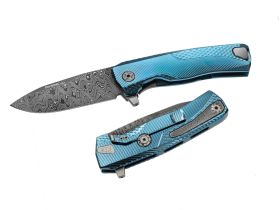 Нож складной LionSteel ROK DD BL, дамасская сталь, рукоять титан, синий