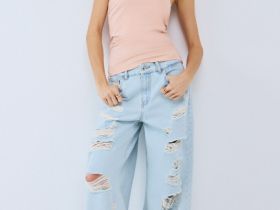 Широкие джинсы с рваным дизайном, Голубой