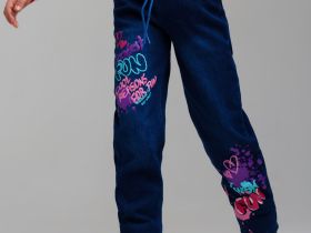 Брюки текстильные джинсовые утепленные флисом для девочек