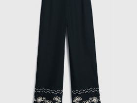 Брюки из вискозы и льна с вышивкой, Черный