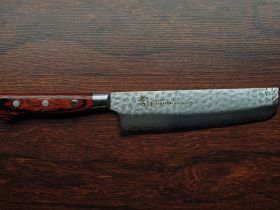 Нож кухонный накири 160 мм, Sakai Takayuki, сталь VG-10 Damascus, рукоять дерево пакка