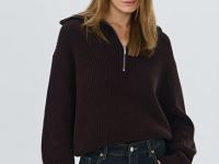 Джемпер с воротником-стойкой на молнии, Коричневый