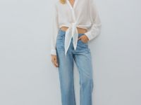 Блузка из вискозы с узлом-завязкой, Белый