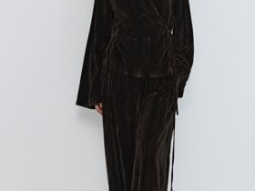 Блузка из жатого бархата с поясом, Коричневый