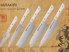 Набор из 5-ти кухонных ножей (овощной, универсальный, накири, шеф, сантону), Samura "Harakiri" (SHR-0250W) White, сталь AUS-8, рукоять ABS-пластик