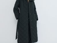 Длинное стёганое пальто с поясом, Черный