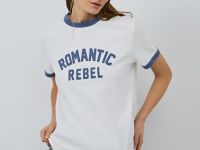 Футболка с контрастной горловиной и принтом, Белый