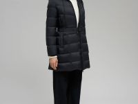 Пуховое полупальто с поясом приталенного силуэта