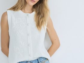 Трикотажный жилет с флоральной вышивкой, Белый