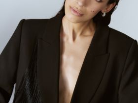 Двубортный жакет с отделкой из бахромы, Черный