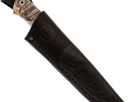 Шкуросъёмный нож Ястреб, сталь М390, рукоять мельхиор, зуб мамонта, стабилизированный кап клена