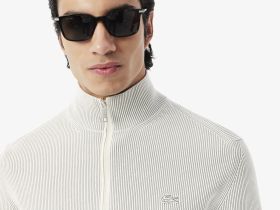 Мужской ребристый свитер на застежке Lacoste с высоким воротником