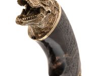 Кованый нож Юрский, дамасская сталь, рукоять карельская береза, художественное травление