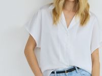 Сатиновая блузка с коротким рукавом, Белый