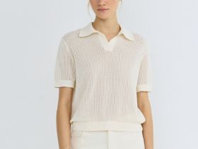 Джемпер поло из ажурной пряжи, Бежевый