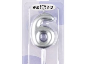 Свеча для торта с держателем MESHU "Цифра 6", 6 см, серебряная, блистер