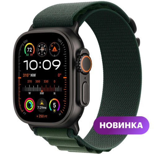 Умные часы  Apple Watch Ultra 2, 49mm, Black Titanium Case with Dark Green Alpine Loop, L (MX4T3QA/A)