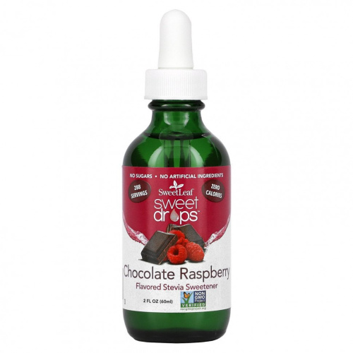 Wisdom Natural, SweetLeaf, жидкая стевия, подсластитель в виде сладких капель, шоколад и малина, 60 мл (2 жидк. Унции)