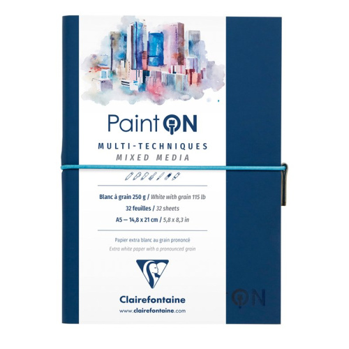 Скетчбук для смешанных техник Clairefontaine "Paint'ON" А5 32 л 250 г, легкое зерно, резинка, кожзам
