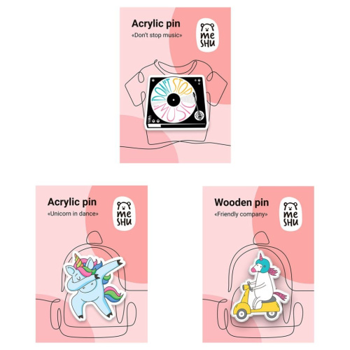 Набор акриловых значков MESHU "Unicorns and music" 3 шт, прямая УФ-печать