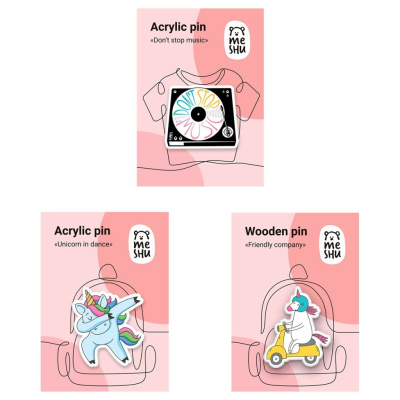 Набор акриловых значков MESHU "Unicorns and music" 3 шт, прямая УФ-печать