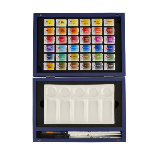 Набор акварели "Белые Ночи" 36 шт х 2,5 мл, кисти, фарфоровая палитра, синее дерево