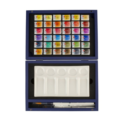 Набор акварели "Белые Ночи" 36 шт х 2,5 мл, кисти, фарфоровая палитра, синее дерево