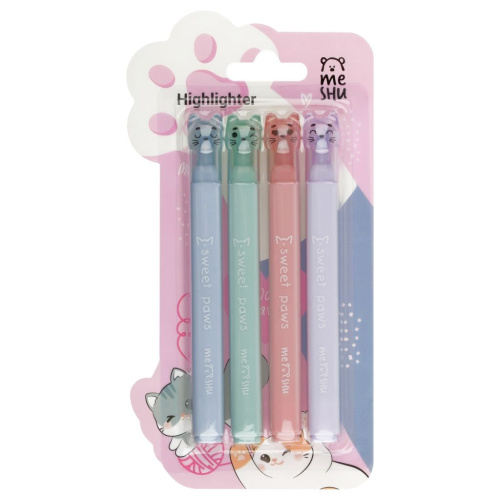 Набор текстовыделителей MESHU "Paw pastel", 4 цв., пастельные цвета, 1-4 мм, блистер с европодвесом