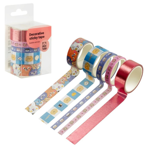 Набор клейких декоративных лент MESHU "Bubble animals", 5 шт